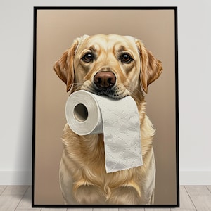 Labrador Sable che morde un rotolo di carta igienica, umorismo sulla toilette, poster sulla toilette, poster con cornice regalo Labrador, poster sul cane