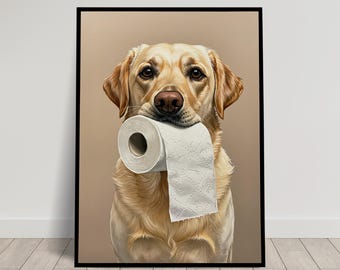 Yellow Lab with toilet paper in mouth, Toilet Humor, Yellow Labrador Gifts, Bathroom Print, Dog Lover Gift, WC Wall Art, Framed Print