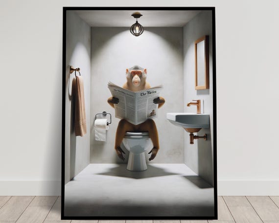 Quadro Moderno Con Scimmia E Giornale | Poster 30x40 Cm Su Tela Con Cornice In Legno | Decorazione Parete Divertente Per Soggiorno O Ufficio