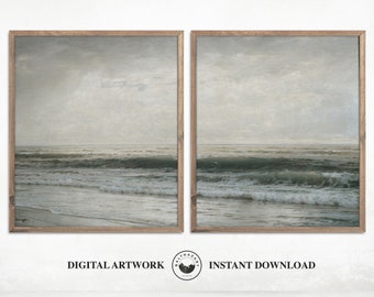 Dúo de arte mural imprimible: paisaje marino vintage, playa y océano, decoración de pared de casa de playa, arte costero, descarga