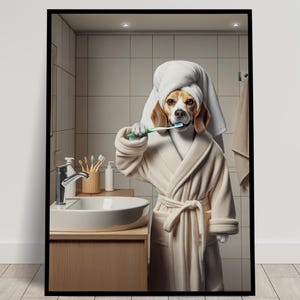 Ritratto di un Beagle che si lava i denti in accappatoio, Cornice per il bagno, Decorazione umoristica, Poster per il bagno, Regalo divertente, Poster Beagle incorniciato