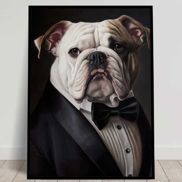 Portrait d'un Bulldog anglais en smoking, Impression murale d'un bouledogue anglais en Tuxedo, Poster chien chic, Tableau humour