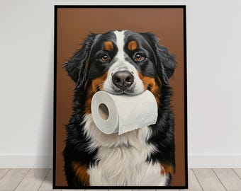 Berner sennenhund biter på en toalettrulle, toaletthumor, toalettposter, Berner sennenhund-present, inramad affisch, hundposter