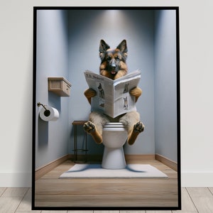 Foto di un pastore tedesco che legge il giornale sul water, decorazione umoristica per la toilette, cornice decorativa per il bagno, poster per la toilette, regalo divertente