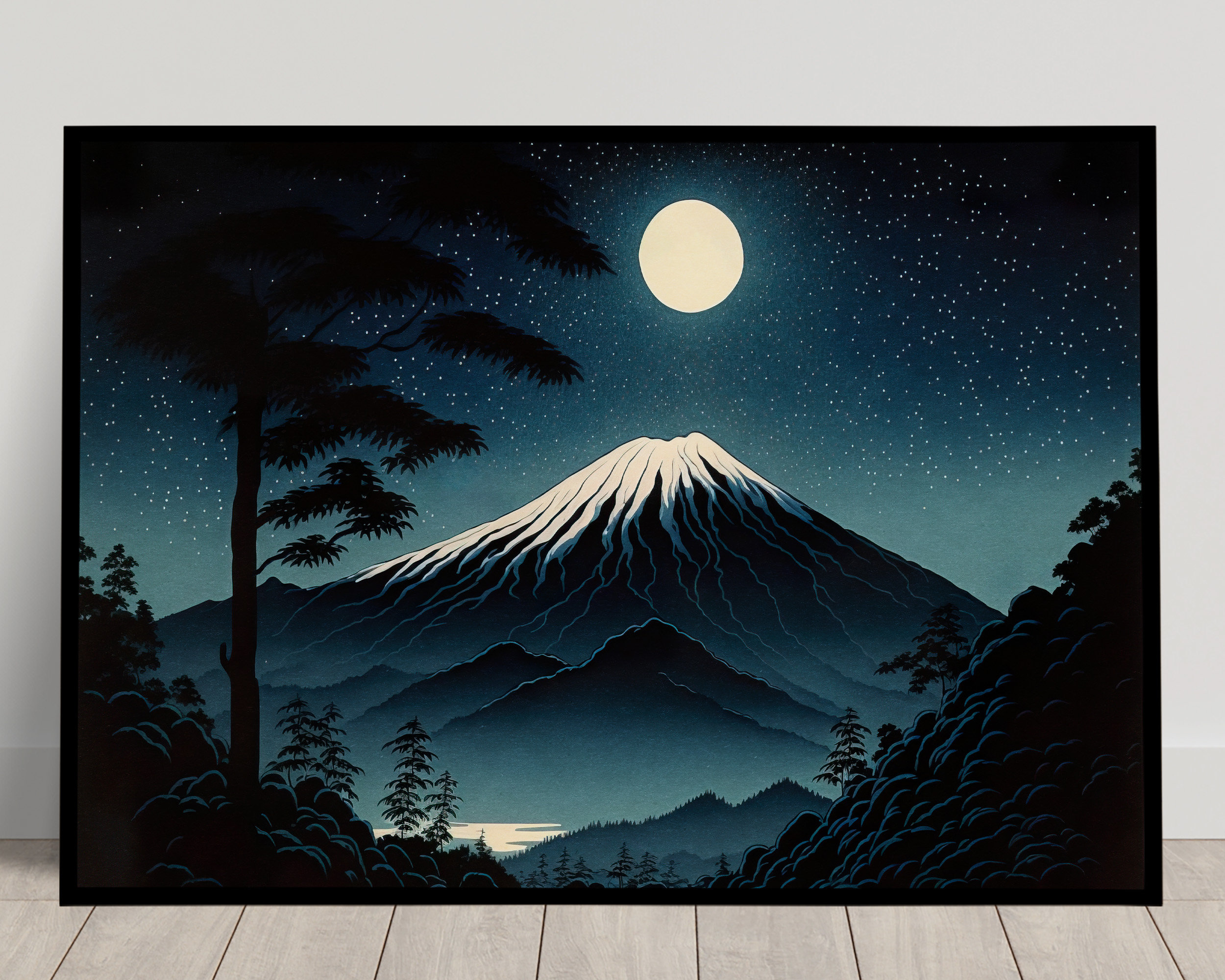 Mount Fuji Wall Poster Under the Full Moon, Japanese Art Style  Illustration, Fujisan Landscape Wall Decoration, Framed Poster 