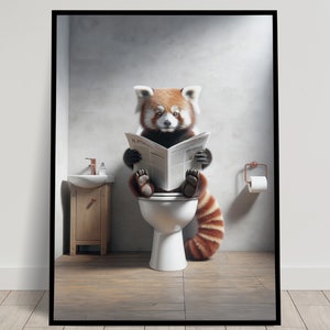 Foto di un panda rosso che legge il giornale sul water, decorazione umoristica per WC, cornice decorativa per il bagno, poster per WC, regalo divertente
