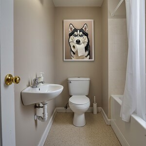 Husky with toilet paper roll in mouth, Toilet Humor, Sibe Gifts, Bathroom Print, Dog Lover Gift, WC Wall Art, Framed Print image 4