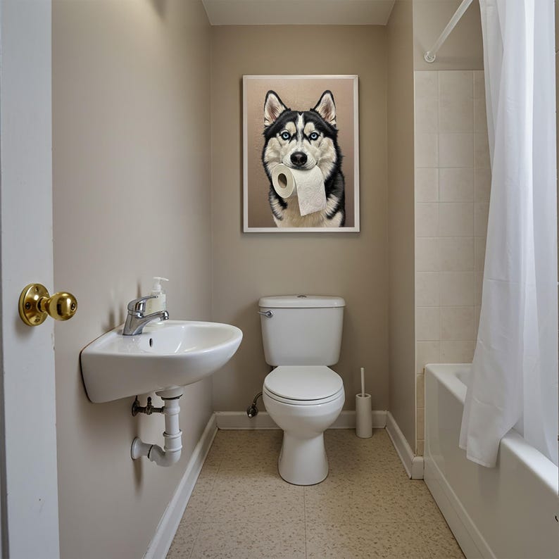 Husky with toilet paper roll in mouth, Toilet Humor, Sibe Gifts, Bathroom Print, Dog Lover Gift, WC Wall Art, Framed Print image 4