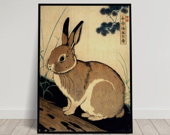 Rabbit Wall Poster, Japanese Art Style Illustration, Ukiyo-e Print Poster, Wall Art, Rabbit Japan Wall Decoration