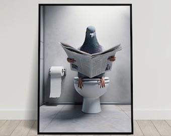 Photograph of a Pigeon reading the newspaper on the Toilet, Funny Bathroom Decor, Bathroom Wall Art, WC Toilet Poster, Unique Funny Gift
