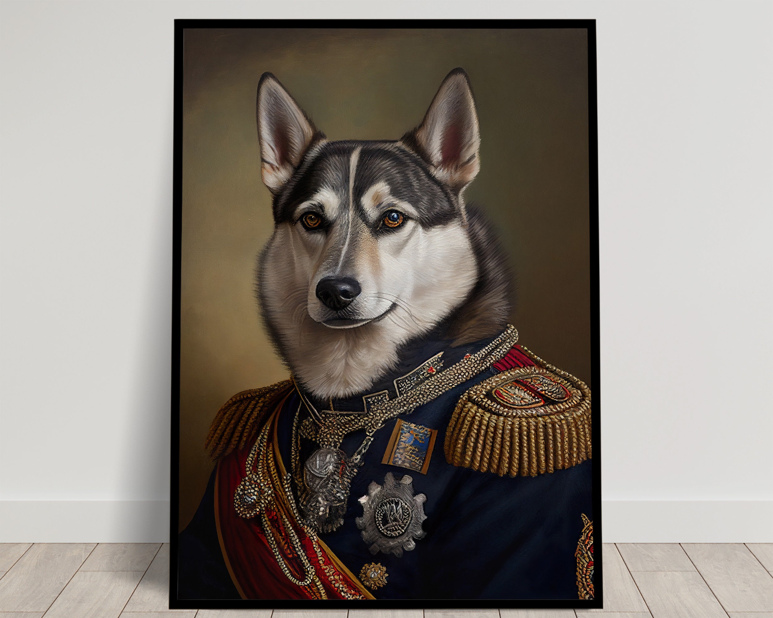 Portrait of a Husky in Military Uniform, Heroic Husky Wall Print, Husky Poster, Funny Dog Wall Art, Official Painting