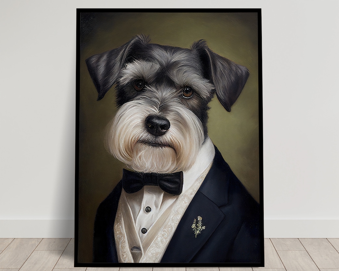 Portrait of a Schnauzer in a Tuxedo, Wall Print of a Schnauzer in