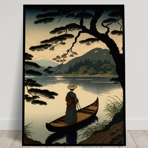 Japanisches See-Wandposter, Illustration im japanischen Kunststil, Ukiyo-e-Druck einer Bootsfahrt, Wandkunst