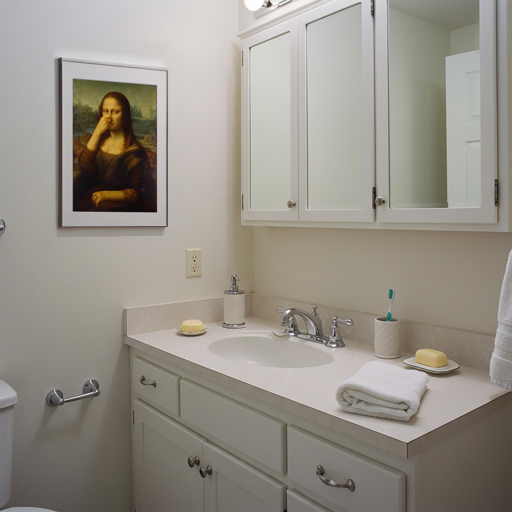 Quadro Decorativo "Mona Lisa Che Si Pizzica Il Naso" - Stampa Su Legno 30x40 Cm, Umorismo Per Bagno O Casa