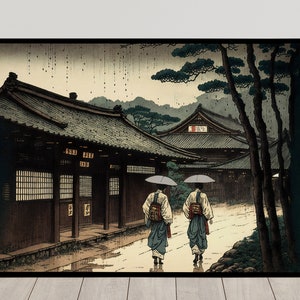 Japanese Village in the Rain Wall Poster, Japanese Art Style Illustration, Japanese Storm Wall Decoration, Poster to Frame