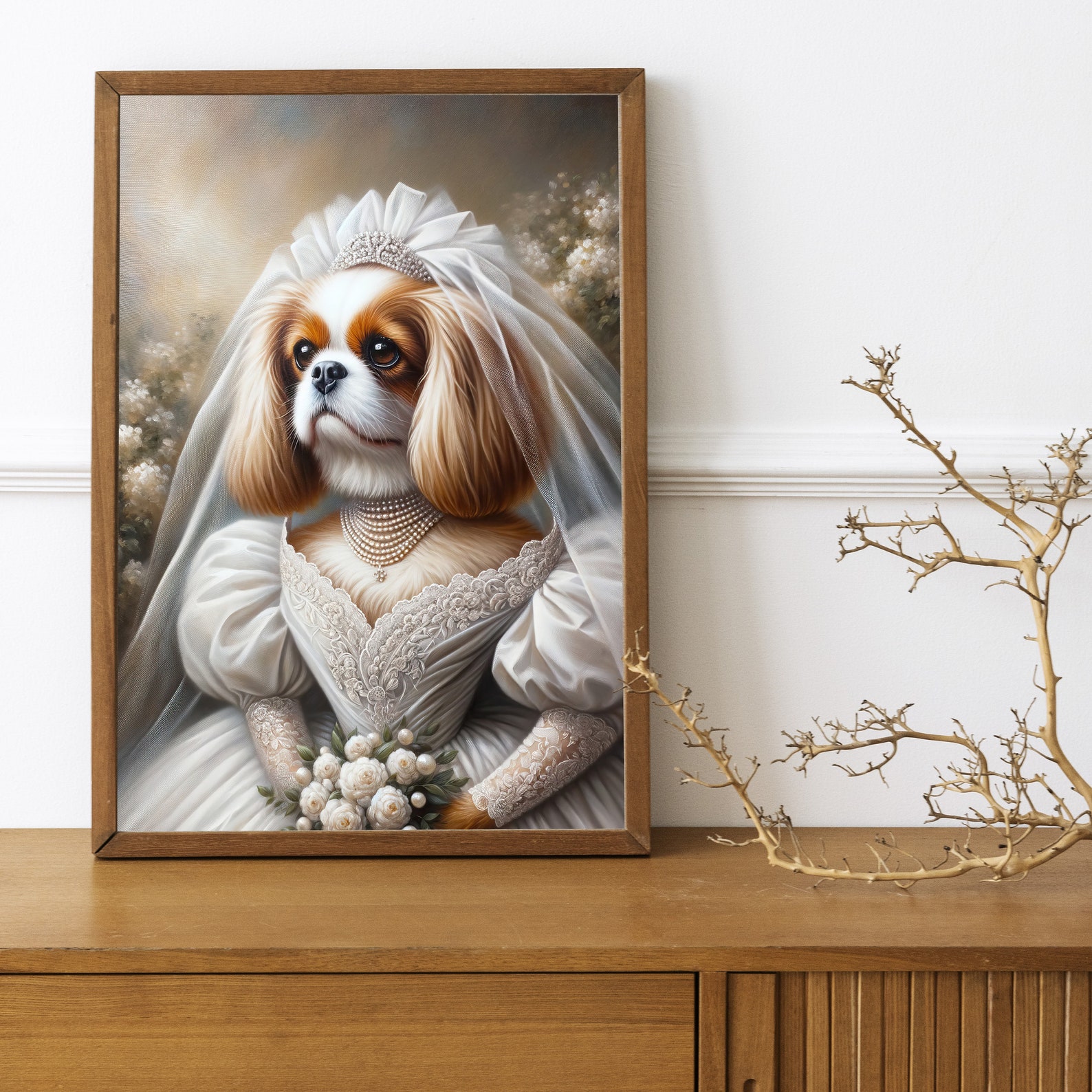 Portrait of a Cavalier King Charles Spaniel Wearing a Wedding Dress ...