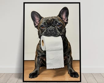 May include: A black and brown French bulldog is holding a white roll of toilet paper in its mouth. The dog is sitting on a wooden floor.
