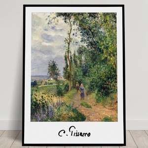 May include: A painting depicting a path winding through a verdant forest, with two figures walking in the distance. The sky is overcast, and the trees are a vibrant green. The painting is signed "C. Pissarro" in the bottom right corner.
