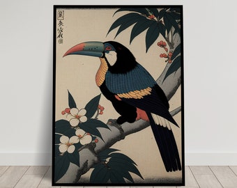 Affiche Murale Toucan, Illustration style art japonais, Poster Impression Ukiyo-e, Art mural, Décoration murale Toucan Japon