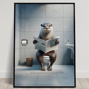 Foto di una lontra che legge il giornale sul water, decorazione umoristica per WC, cornice decorativa per il bagno, poster per WC, regalo divertente
