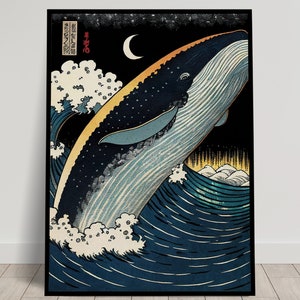 Whale at Night Wall Poster, Japanese Art Style Illustration, Ukiyo-e Print Poster, Wall Art, Japan Whale Wall Decor