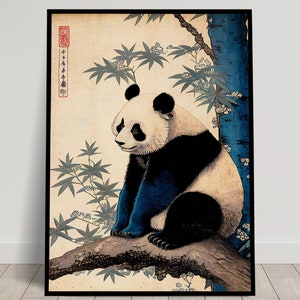 Panda-Wandposter, Illustration im japanischen Kunststil, Bambus-Landschaftswanddekoration, Poster zum Einrahmen