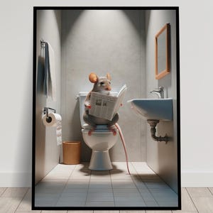 Foto di un topo che legge il giornale sul water, Decorazione divertente per il water, Cornice decorativa per il bagno, Poster per il water, Regalo divertente