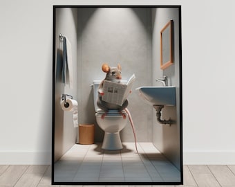 May include: A gray mouse sits on a white toilet in a bathroom, reading a newspaper. The bathroom has a white sink, a mirror, and a towel rack.