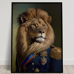 Retrato de un león en uniforme militar, Decoración de pared de animales, Cartel felino, Estampado de pared de león heroico, Arte de pared
