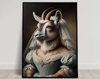Portrait of a Goat wearing a Wedding Dress, Animal Wall Decor, Goat Mariage Poster, Bride Wall Art, Funny Frame, Unique Gift