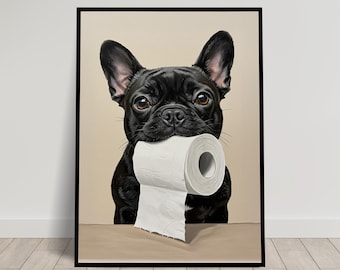 Zwarte Franse Bulldog bijt op een rol toiletpapier, Toilethumor, Toiletposter, Bulldogcadeau, Ingelijste poster