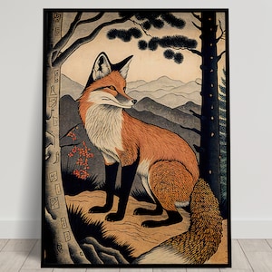 Poster da parete Fox, illustrazione in stile artistico giapponese, stampa ukiyo-e giapponese, poster volpe vintage, arte murale
