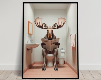 Photograph of a Moose reading the newspaper on the Toilet, Funny Bathroom Decor, Bathroom Wall Art, WC Toilet Poster, Unique Gag Gift