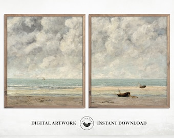 Dúo de arte mural imprimible: paisaje marino vintage, playa y océano, decoración de pared de casa de playa, arte costero, descarga