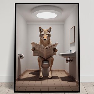 Foto di un coyote che legge il giornale sul water, decorazione divertente per il water, cornice decorativa per il bagno, poster per il water, regalo divertente