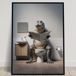 Foto di un alligatore che legge il giornale sul water, decorazione umoristica per WC, cornice decorativa per il bagno, poster per WC, regalo divertente