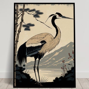 Japanese Crane Wall Poster, Japanese Art Style Illustration, Bird Wall Decor, Japanese Poster to Frame