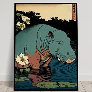 Cartel de pared de hipopótamo, impresión de arte japonés, cartel vintage Ukiyo-e, arte de pared de hipopótamo, impresión animal
