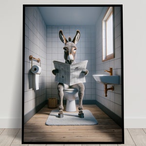 Foto di un asino che legge il giornale sul water, decorazione umoristica per WC, cornice decorativa per il bagno, poster per WC, regalo divertente