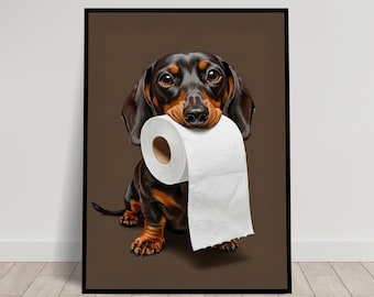 Dackel beißt in eine Toilettenpapierrolle, Toilettenhumor, Toilettenposter, Dackelgeschenk, gerahmtes Poster, Hundeposter
