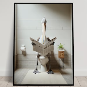 Foto di un pellicano che legge il giornale sul water, decorazione umoristica del WC, cornice decorativa per il bagno, poster della toilette, regalo divertente