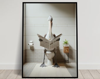 Photograph of a Pelican reading the newspaper on the Toilet, Funny Bathroom Decor, Bathroom Wall Art, WC Toilet Poster, Unique Funny Gift