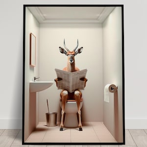 Photograph of an Antelope reading the newspaper on the Toilet, Funny Bathroom Decor, Bathroom Wall Art, WC Toilet Poster, Unique Gag Gift