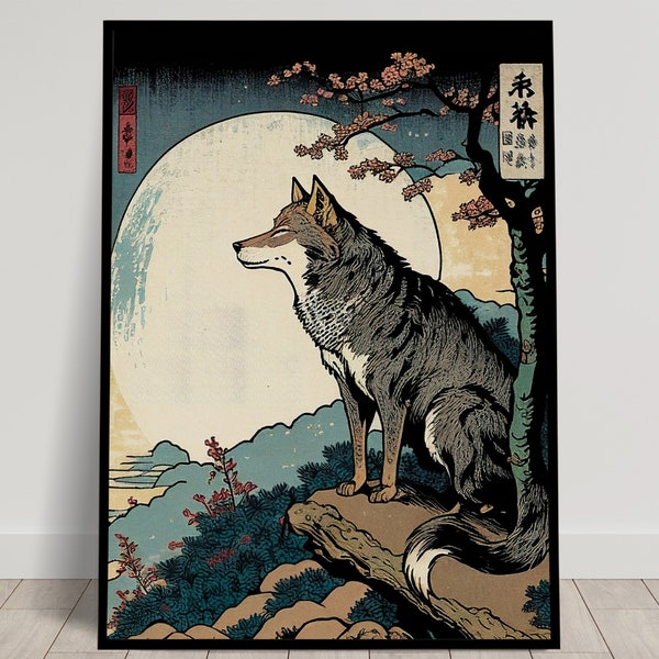 Affiche Murale loup, Illustration style art japonais, Décoration murale paysage Nara, Poster pour encadrer