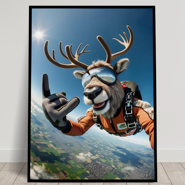 Photo d'un Caribou en chute libre, Affiche murale Saut en Parachute, Poster Animal Skydiving, Décor Chambre enfant, Idée cadeau unique