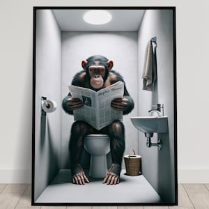 Foto di uno scimpanzé che legge il giornale sul water, decorazione divertente per il water, cornice decorativa per il bagno, poster per il water, regalo divertente
