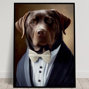 Retrato de un labrador de chocolate con esmoquin, decoración de pared de animales, cartel de esmoquin de labrador de chocolate, cartel de pared de animales