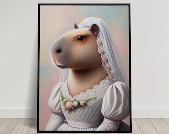 Portret van een capibara in een trouwjurk, dierenwanddecoratie, capibara-bruiloftposter, bruidmuurposter, humoristisch frame