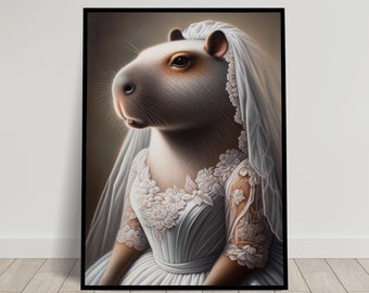 Portret van een capibara in een trouwjurk, dierenwanddecoratie, capibara-bruiloftposter, bruidmuurposter, humoristisch frame