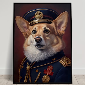 Retrato de un Corgi en uniforme militar, decoración de pared de animales, cartel de perro, cartel de pared de héroe Corgi